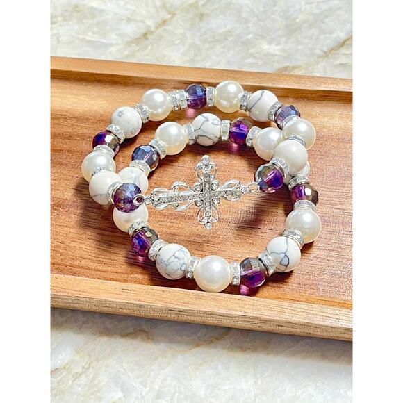 Crystal Cross Pearl Howlite Crystal Bracelet Set - Picture 5 of 12